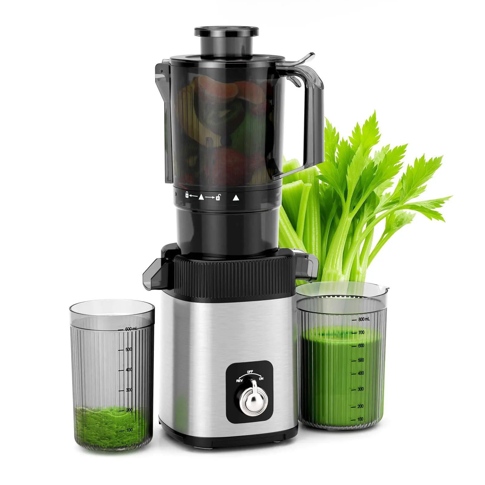 Cold Press Juicer with a 4.35 Wide Feed Chute for Whole Fruits and Vegetables, Knob Control, Slow Masticating Juicer, Easy to Clean Low Noise and High Juice Yield, Stainless Steel
