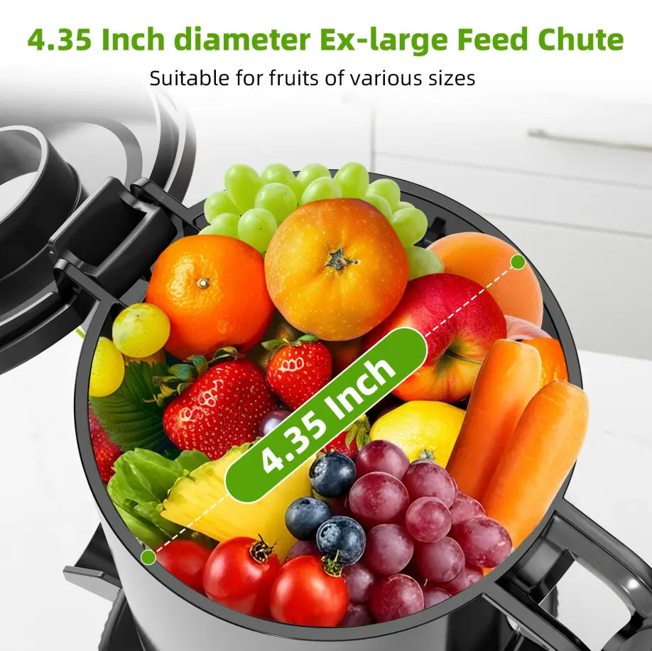 Cold Press Juicer with a 4.35 Wide Feed Chute for Whole Fruits and Vegetables, Knob Control, Slow Masticating Juicer, Easy to Clean Low Noise and High Juice Yield, Stainless Steel