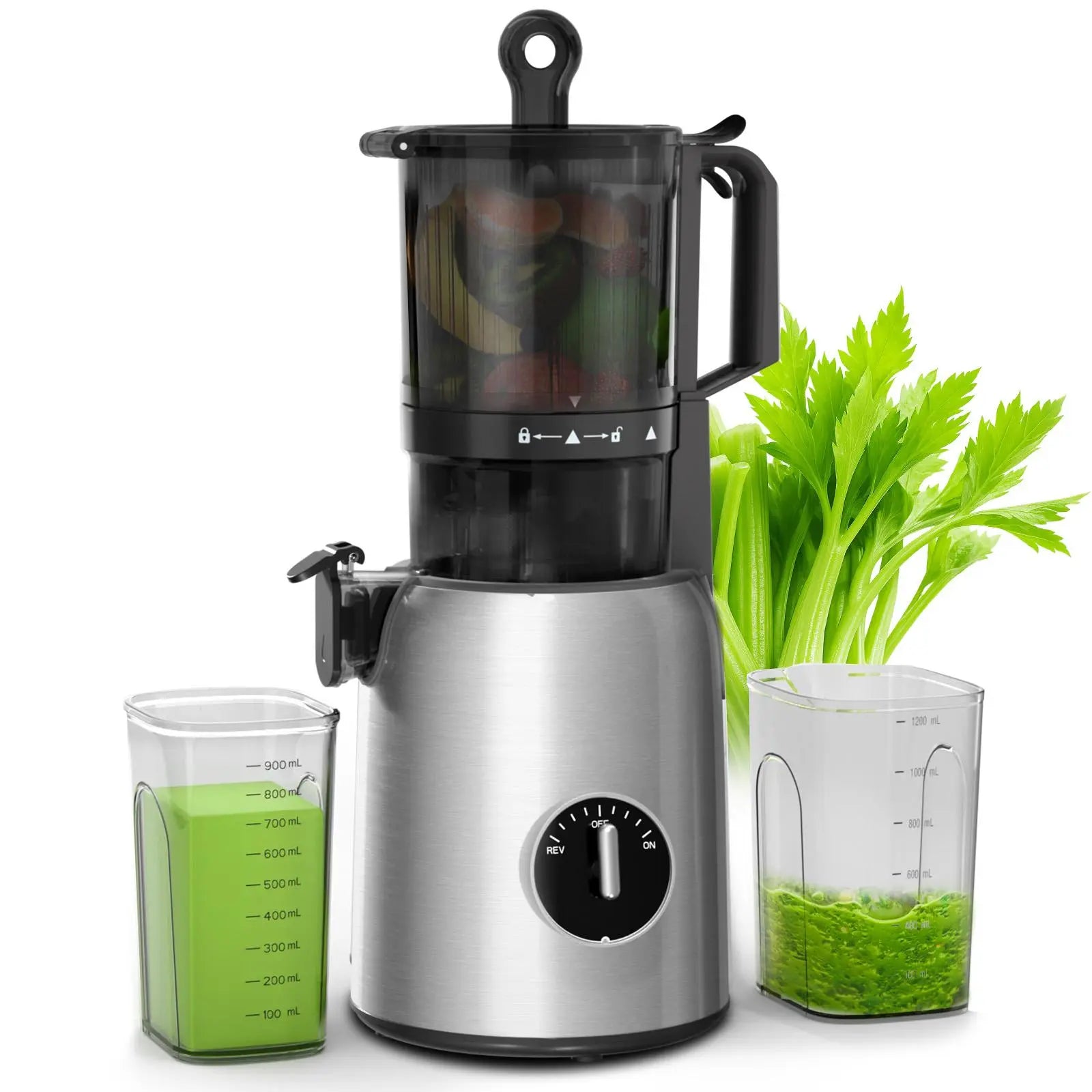 Cold Press Juicer with a 4.35 Wide Feed Chute for Whole Fruits and Vegetables, Knob Control, Slow Masticating Juicer, Easy to Clean Low Noise and High Juice Yield, Stainless Steel