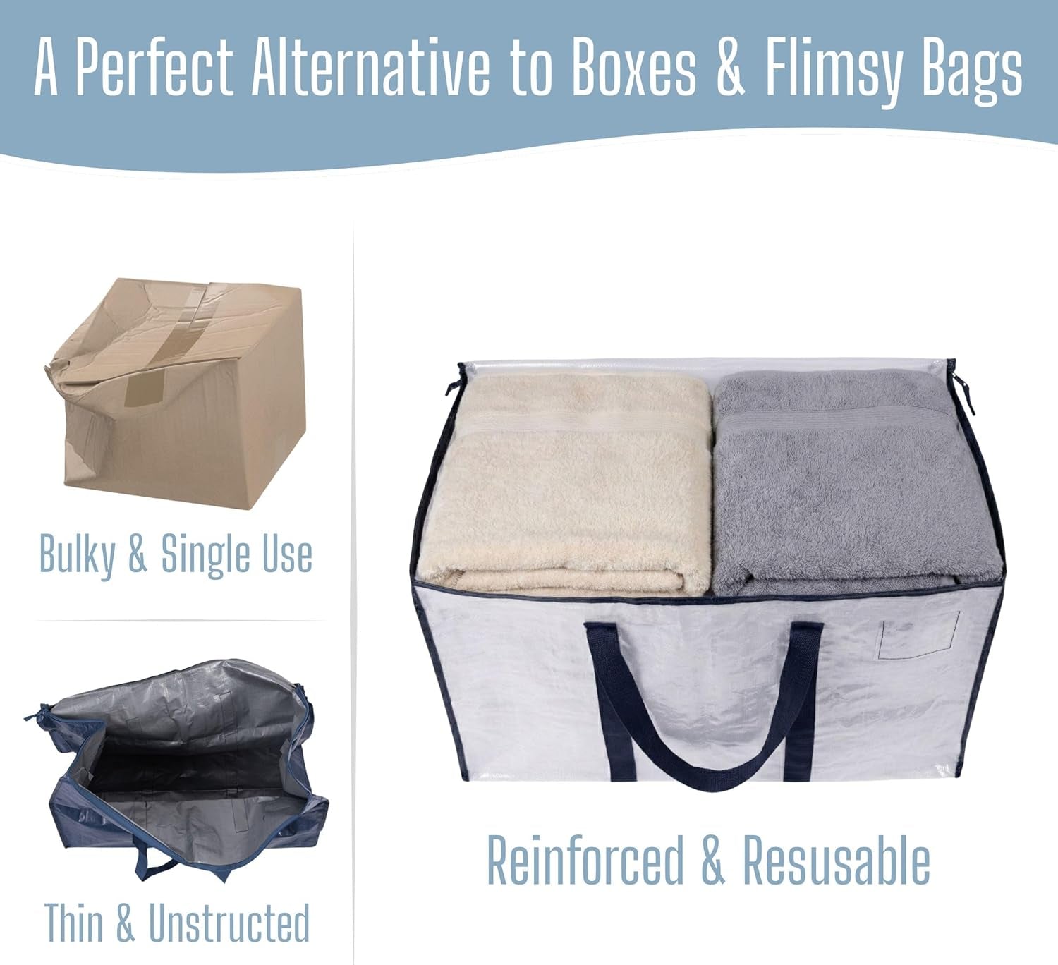 8 Pack Extra Large Moving Storage Bags with Zips, Heavy-Duty Organizer Tote, Moving Box Alternative, Packing Supply, Clothes Storage Bin, Tag Pocket for Label, Water-Resistant (Clear, 8 Pack)