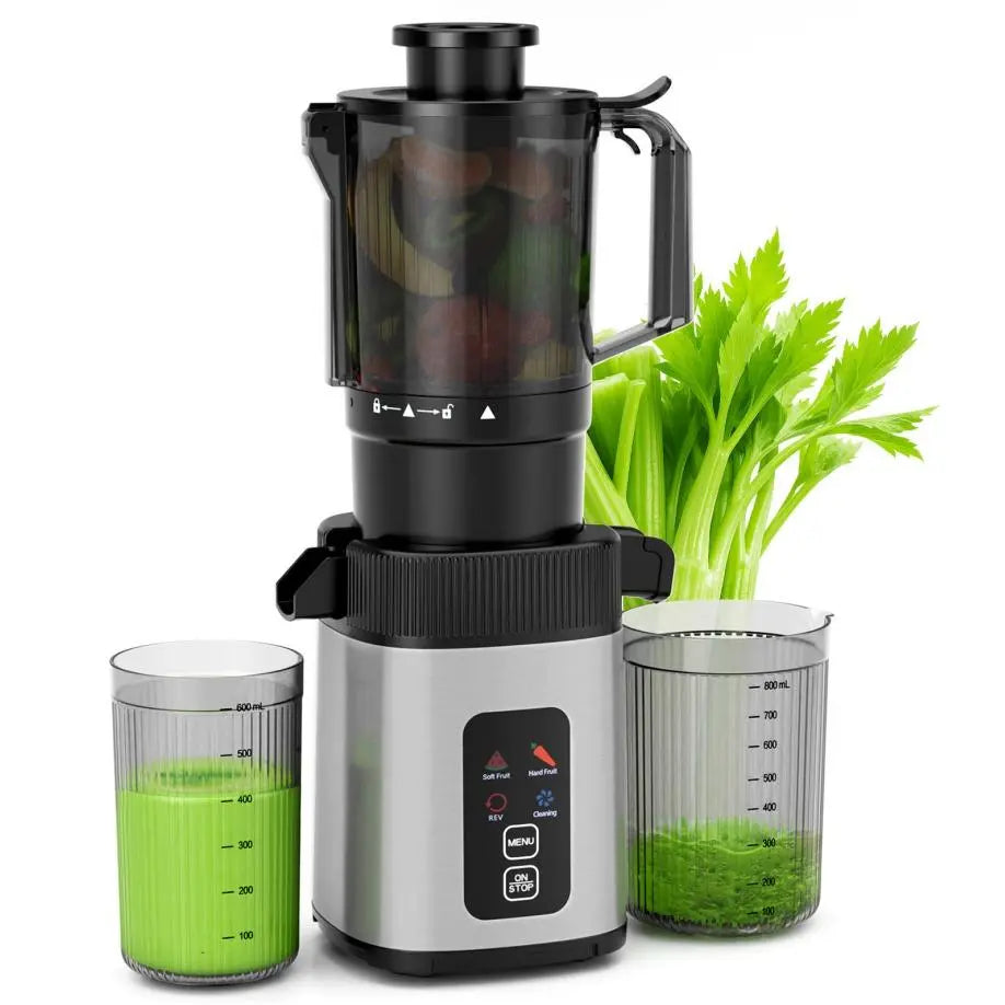 Cold Press Juicer with a 4.35 Wide Feed Chute for Whole Fruits and Vegetables, Knob Control, Slow Masticating Juicer, Easy to Clean Low Noise and High Juice Yield, Stainless Steel