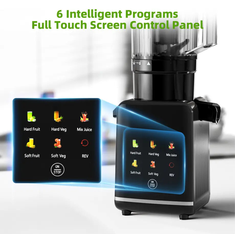 Cold Press Juicer with a 4.35 Wide Feed Chute for Whole Fruits and Vegetables, Knob Control, Slow Masticating Juicer, Easy to Clean Low Noise and High Juice Yield, Stainless Steel