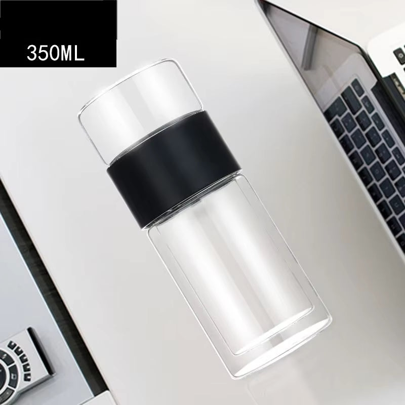 Double Glass Mug Kettle, Heat Resistant Teapot with Filter, Tea and Water Separation Glass, Transparent Wood Grain Tea Mugs300Ml