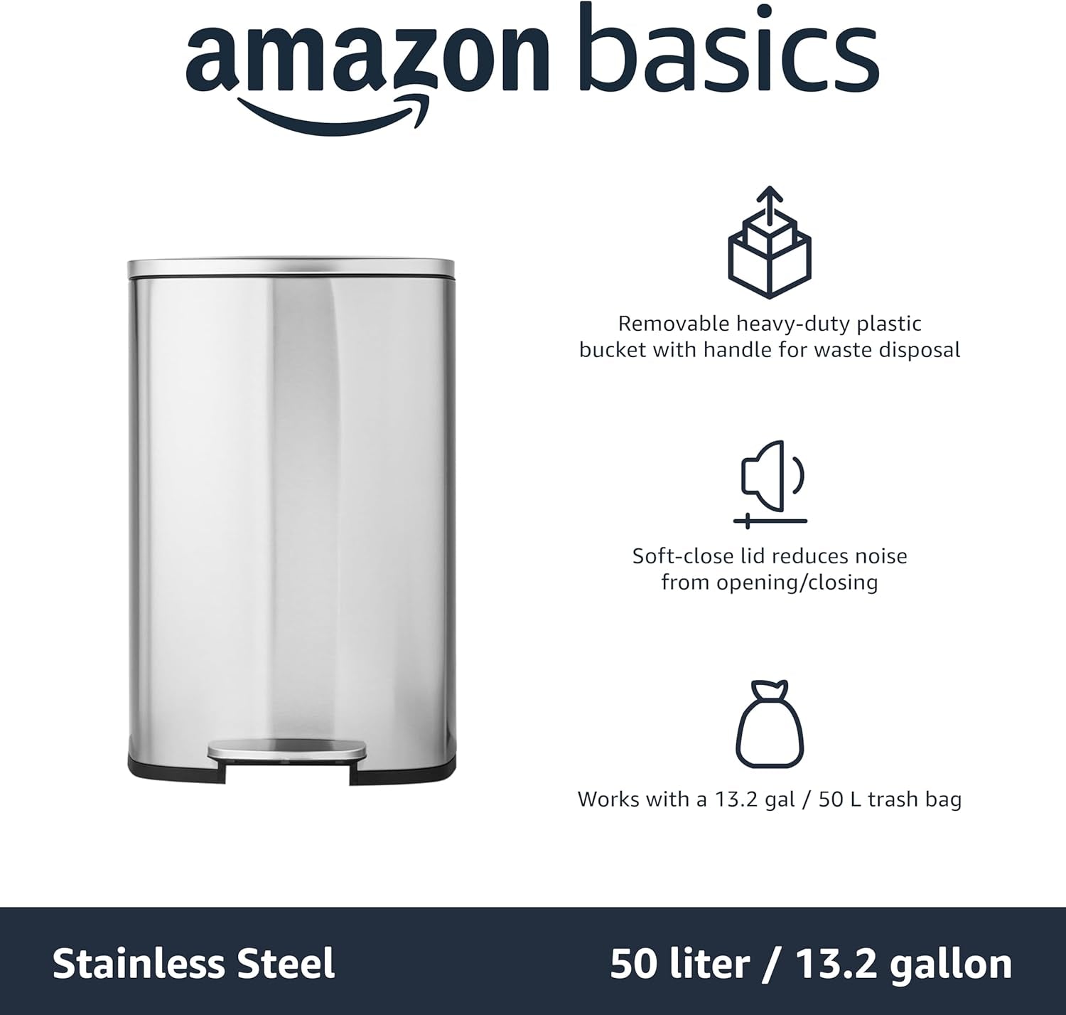 Rectangular Kitchen Bin with Steel Bar Pedal, Soft-Closing Mechanism for Home and Office Use, 50 L/13.2 Gallon, Satin Nickel Finish