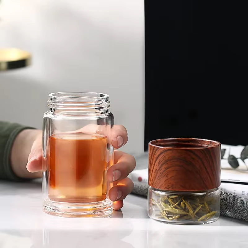 Double Glass Mug Kettle, Heat Resistant Teapot with Filter, Tea and Water Separation Glass, Transparent Wood Grain Tea Mugs300Ml