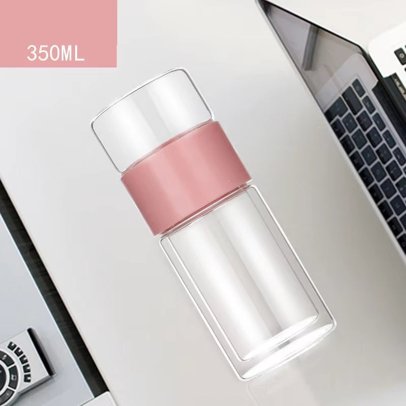 Double Glass Mug Kettle, Heat Resistant Teapot with Filter, Tea and Water Separation Glass, Transparent Wood Grain Tea Mugs300Ml