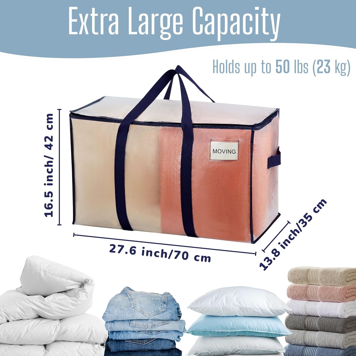 8 Pack Extra Large Moving Storage Bags with Zips, Heavy-Duty Organizer Tote, Moving Box Alternative, Packing Supply, Clothes Storage Bin, Tag Pocket for Label, Water-Resistant (Clear, 8 Pack)
