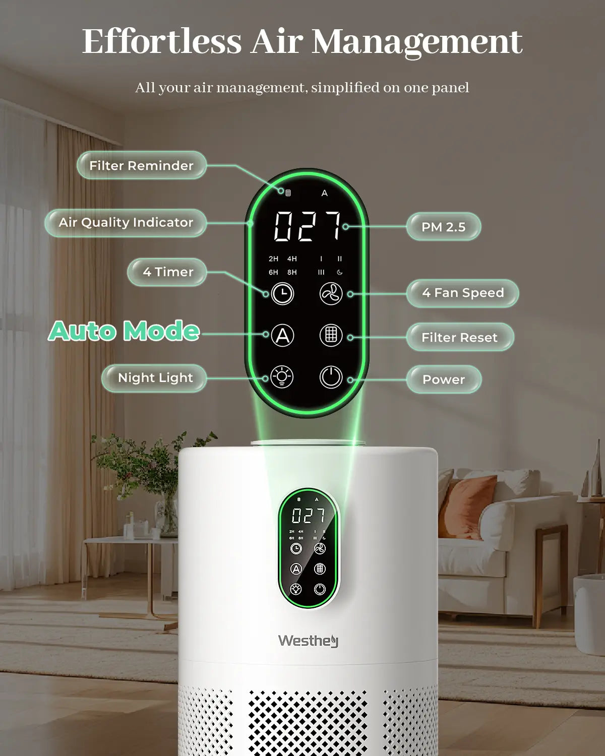 Air Purifiers for Home Large Room 1650 Ft² with Washable Filters, WESTHEY H13 HEPA Air Purifier with Fragrance Ambient Light Auto, Air Cleaner for Wildfire Smoke Dust Pollen Pets Hair Odor