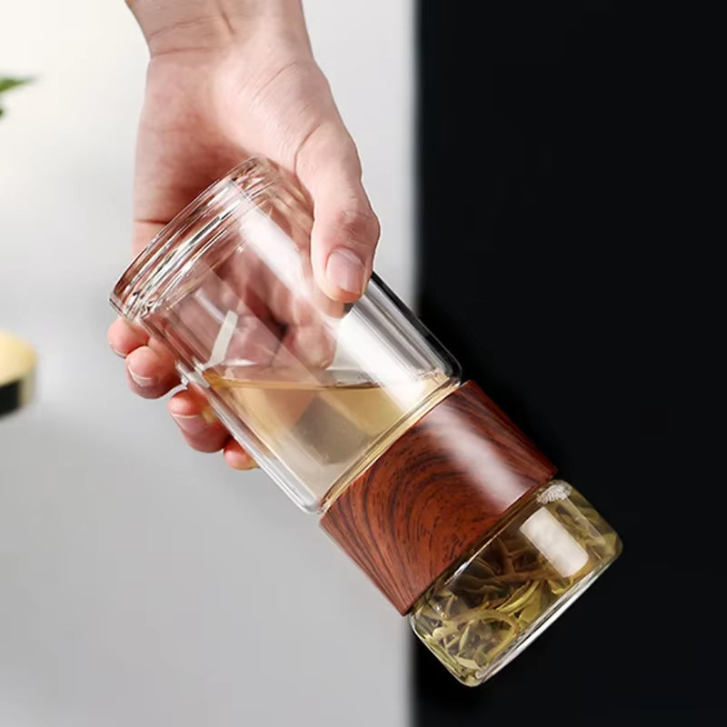 Double Glass Mug Kettle, Heat Resistant Teapot with Filter, Tea and Water Separation Glass, Transparent Wood Grain Tea Mugs300Ml