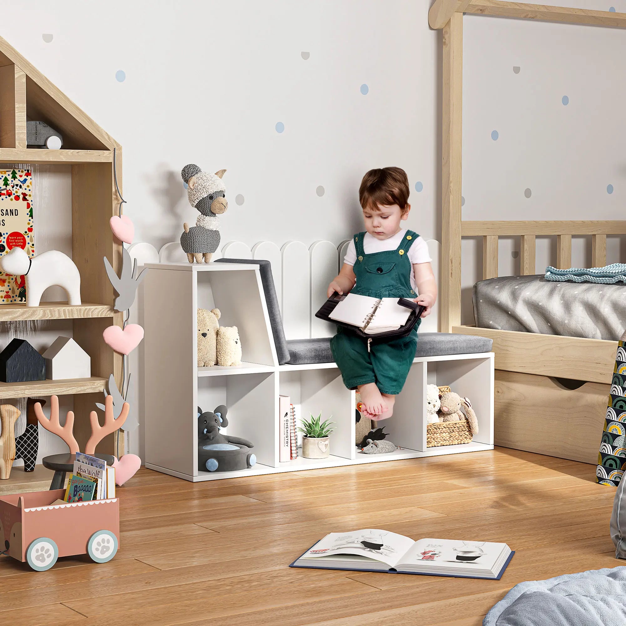 2 Tier Bookcase W/ Removable Cushions Storage Cabinet for Living Room