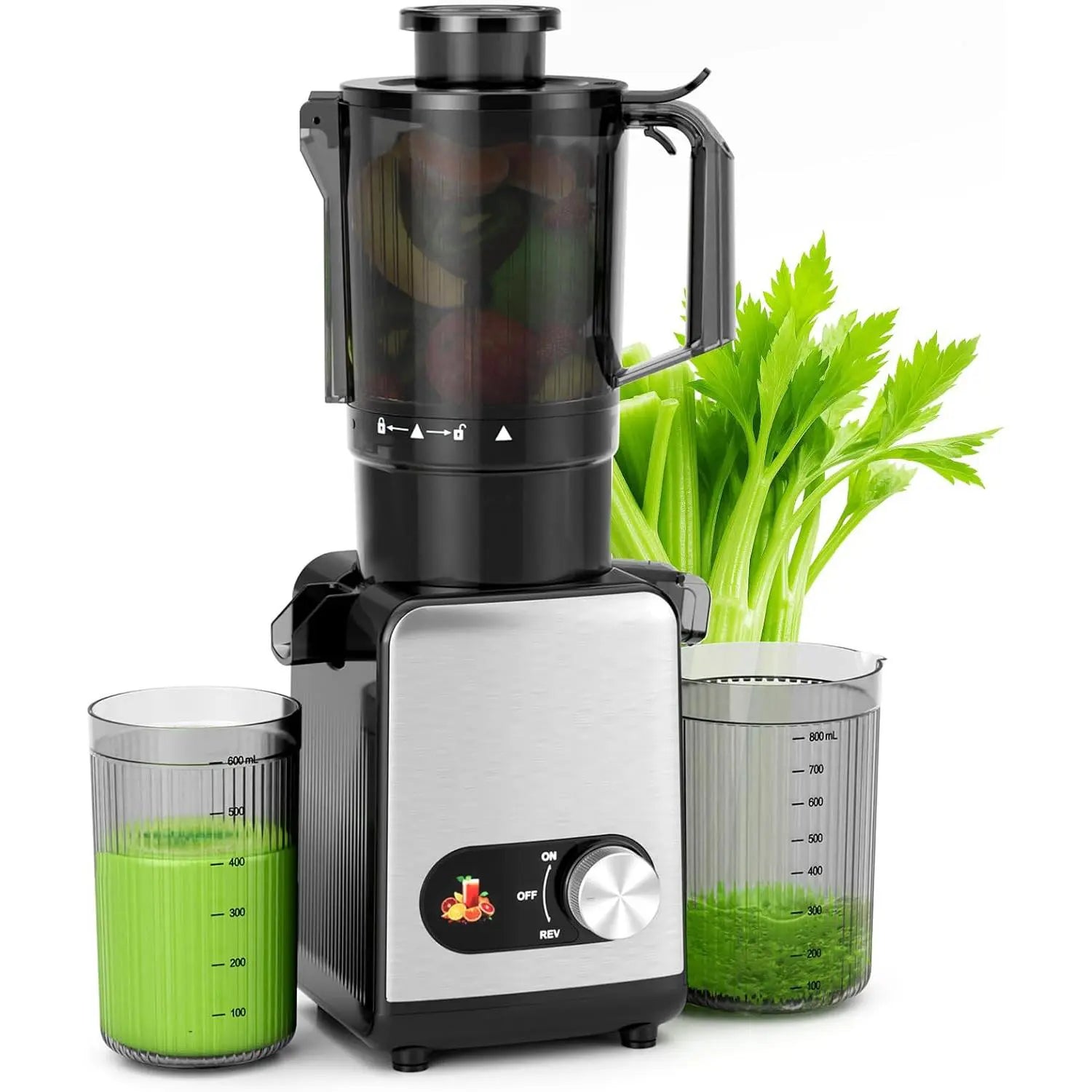 Cold Press Juicer with a 4.35 Wide Feed Chute for Whole Fruits and Vegetables, Knob Control, Slow Masticating Juicer, Easy to Clean Low Noise and High Juice Yield, Stainless Steel