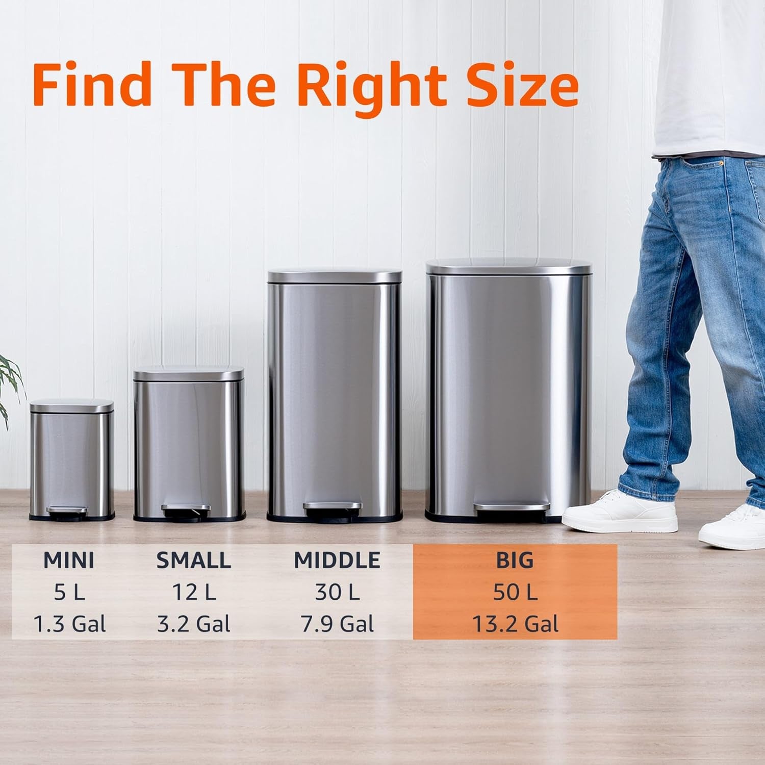 Rectangular Kitchen Bin with Steel Bar Pedal, Soft-Closing Mechanism for Home and Office Use, 50 L/13.2 Gallon, Satin Nickel Finish