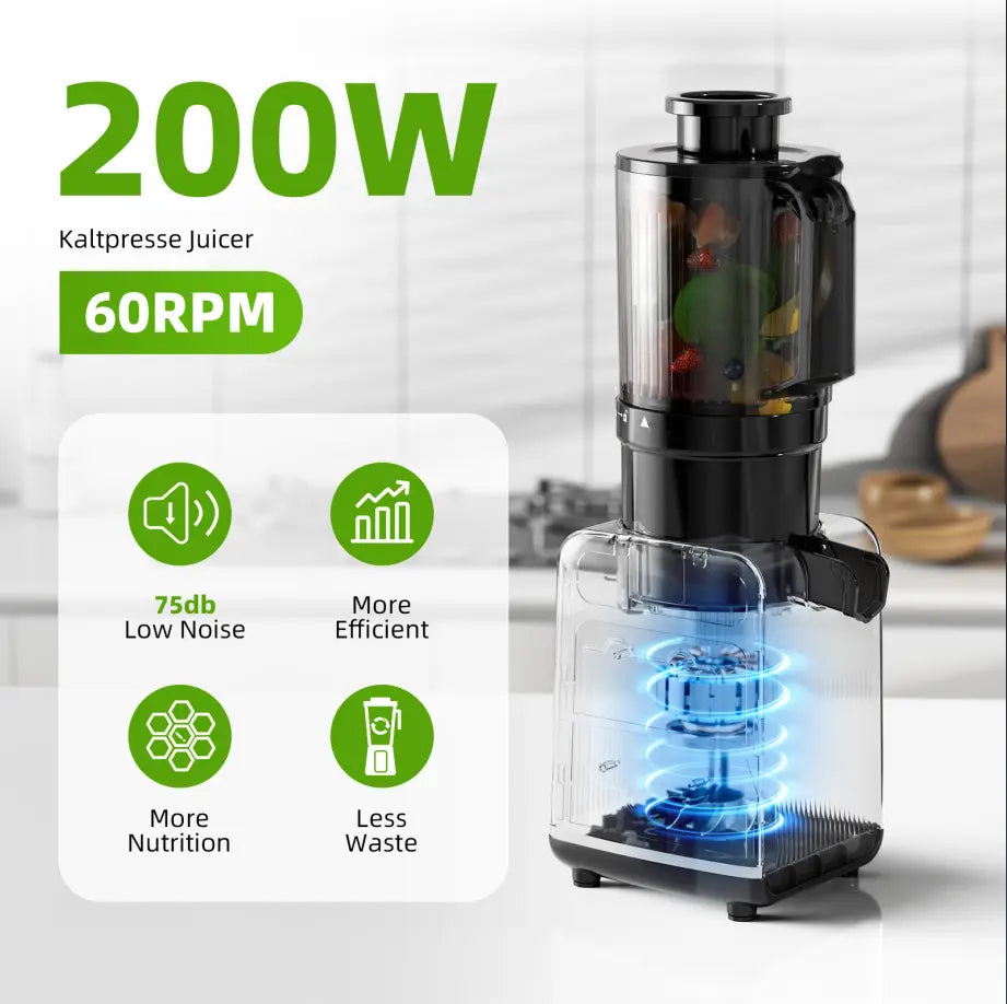 Cold Press Juicer with a 4.35 Wide Feed Chute for Whole Fruits and Vegetables, Knob Control, Slow Masticating Juicer, Easy to Clean Low Noise and High Juice Yield, Stainless Steel