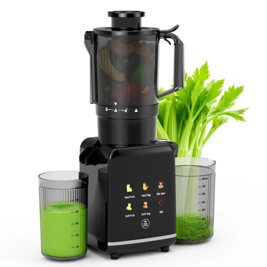 Cold Press Juicer with a 4.35 Wide Feed Chute for Whole Fruits and Vegetables, Knob Control, Slow Masticating Juicer, Easy to Clean Low Noise and High Juice Yield, Stainless Steel