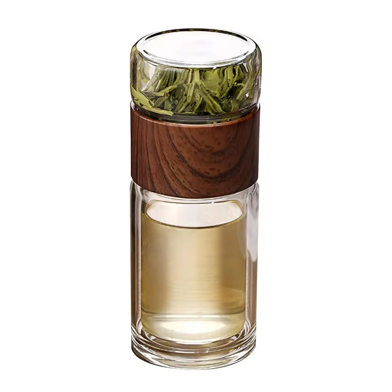 Double Glass Mug Kettle, Heat Resistant Teapot with Filter, Tea and Water Separation Glass, Transparent Wood Grain Tea Mugs300Ml