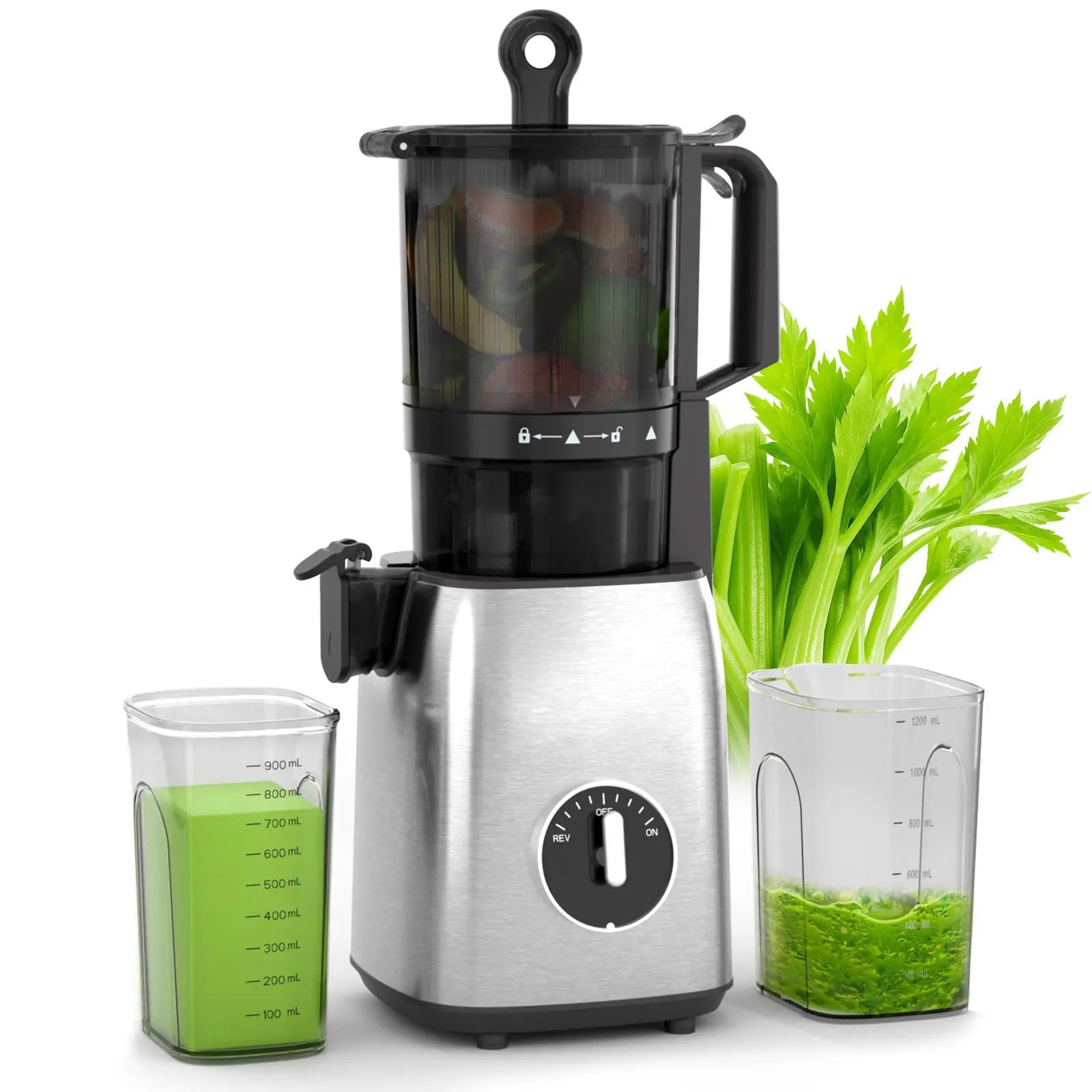 Cold Press Juicer with a 4.35 Wide Feed Chute for Whole Fruits and Vegetables, Knob Control, Slow Masticating Juicer, Easy to Clean Low Noise and High Juice Yield, Stainless Steel